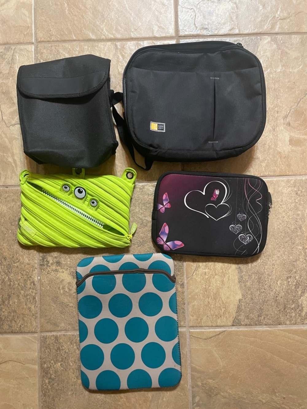 Mixed Bag Lot of Small Cases and Pouches - Black, Lime Green, Teal, Pink Accents